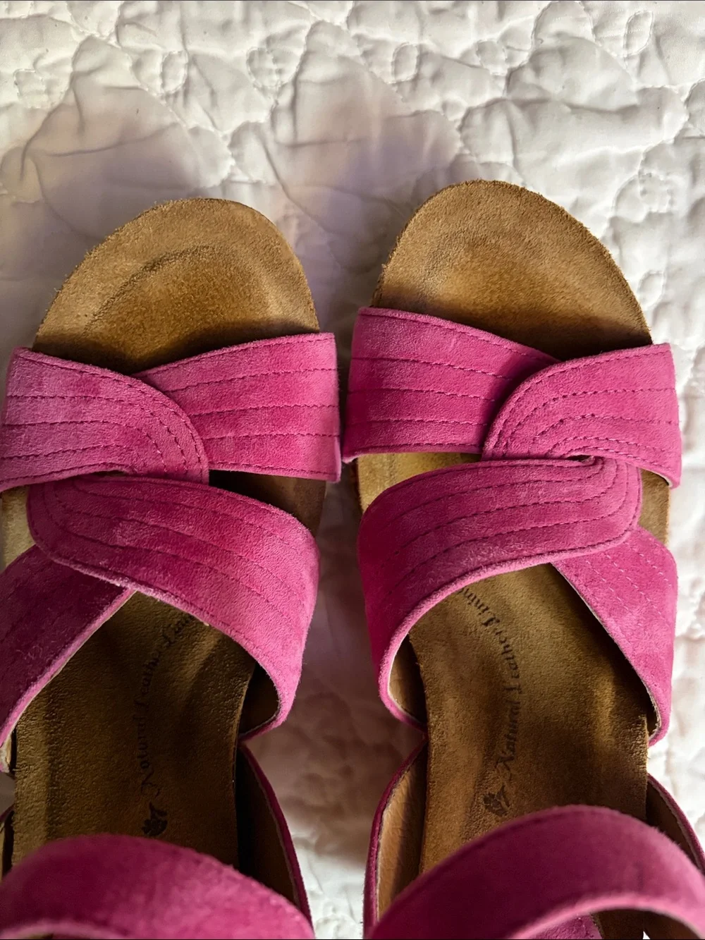Sofft Hot Pink Suede Wedge Sandals with Ankle Buckle